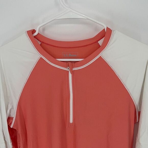 L.L. Bean Rash guard 1/4 Quarter Zip Jersey Shirt Top Size Large Coral/White - Picture 2 of 6